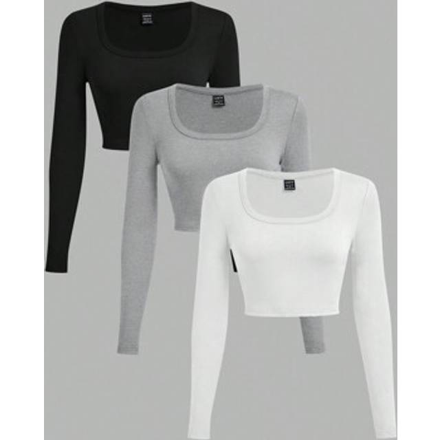 SHEIN 3pcs/Set Casual U-Neck Form-Fitting Cropped Long Sleeve T-Shirts, Black-White-Gray, Suitable For Spring And Autumn