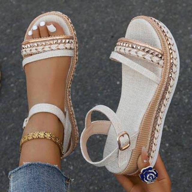 SHEIN Women&#39;s Summer Dressy Platform Sandals, Woven Knot Beach Wedge Thick Sole Roman Rivets Decor Bohemian Open Toe Elastic Ankle Strap Breathable Casual E
