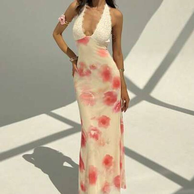 Aloruh Romantic Date Night Valentine&#39;s Day Plunging Lace & Mesh Print Long Dress For Women