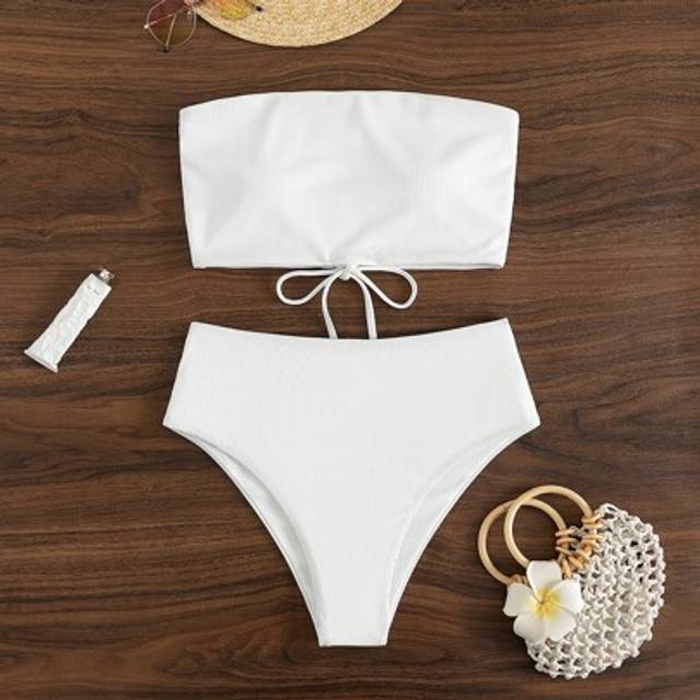 SHEIN Summer Beach Rib-Knit Bikini Set Lace Up Bandeau Bra Top & High Waist Bikini Bottom 2 Pieces Bikini
