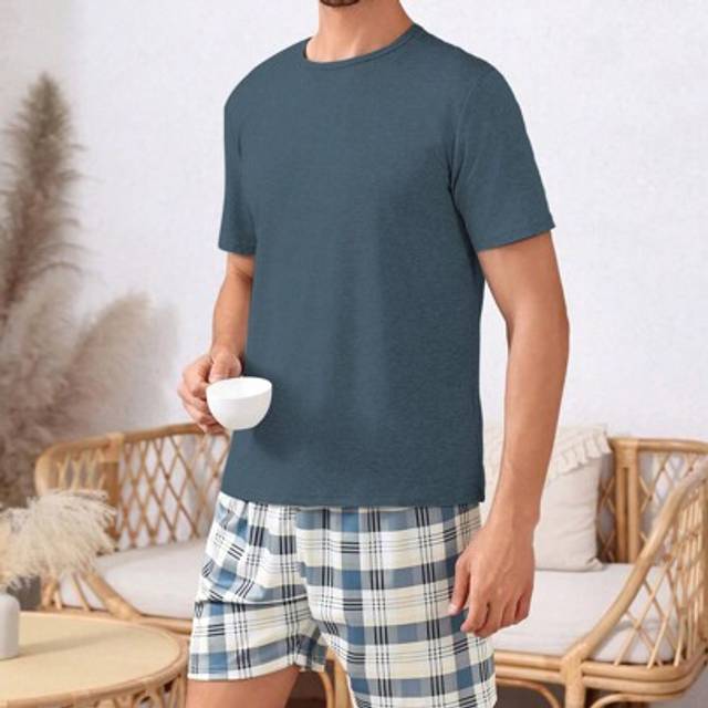 SHEIN Men Solid Tee & Plaid Print Shorts PJ Set / Pajama Set
