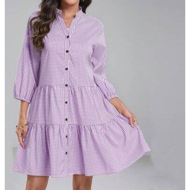SHEIN Women&#39;s Summer Mini Dresses: Casual V Neck 3/4 Sleeve Button Down Loose Swing Short Shirt Shift Gingham Dress