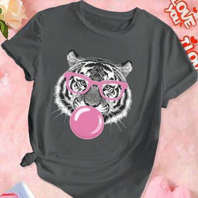 Calvaya Tiger With Bubblegum Graphic Print Plus-Size T-Shirt, Short Sleeve Crew Neck Casual Top For Summer & Spring, Women&#39;s Clothing