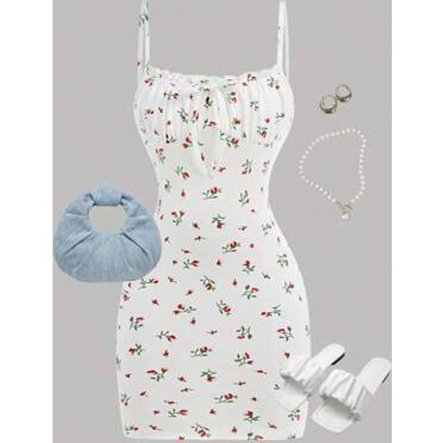 SHEIN Tween Girls Knitted Ruched Bust Tie Bow Camisole Tight Waist Snug Fit Mini Casual Dress For Holiday
