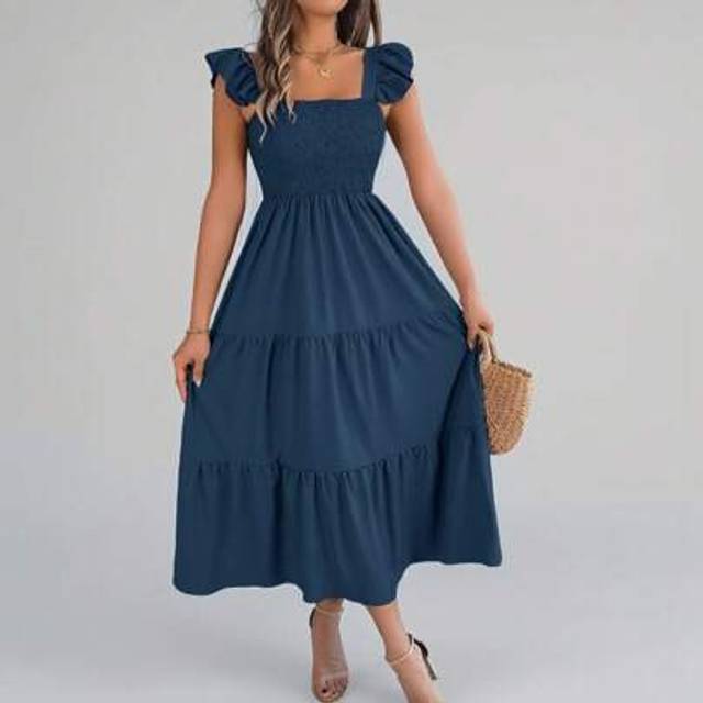 SHEIN Summer New Solid Color Square Neck Backless Casual Ruffle Trim Sleeveless A-Line Dress, Navy Blue