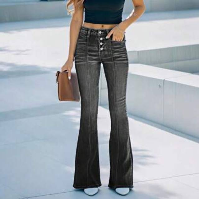 SHEIN New Vintage High Waist Button Flare Jeans Fashionable Slim Fit Women Long Denim Pants High Quality Affordable Bestselling Jeans