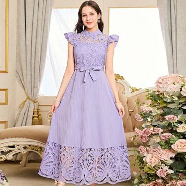SHEIN Teen Girls Elegant Summer Dress, Featuring Light Purple Color, 3D Lace Cutout & Classic 3D Texture Woven Fabric, Waist Ribbon Bow, Cap Sleeves, Full L
