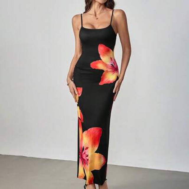 SHEIN Women&#39;s Elegant Floral Print Long Strap Dress For Summer Vacation,Summer Dresses For Women