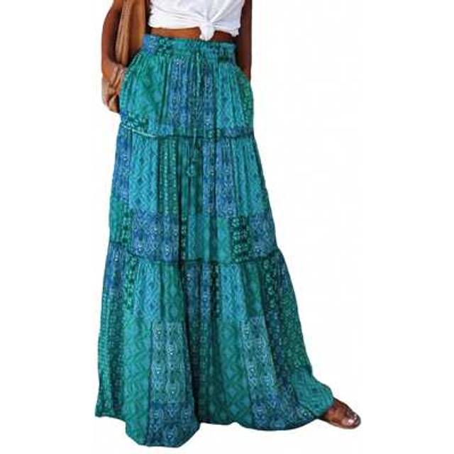 SHEIN Women&#39;s Bohemian Skirts Vintage Elastic High Waist A-Line Skirts Tiered Long Skirts With Pockets