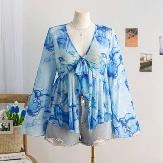 Soleia Plus Size Women Colorful Marble Print Knit Mesh Open Front Cinched Waist Flare Sleeve Blouse