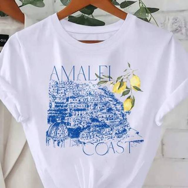 SHEIN Amalfi Coast, Italy Travel Print Short Sleeve Fitted Casual T-Shirt For Women, Round Neck Design, Summer