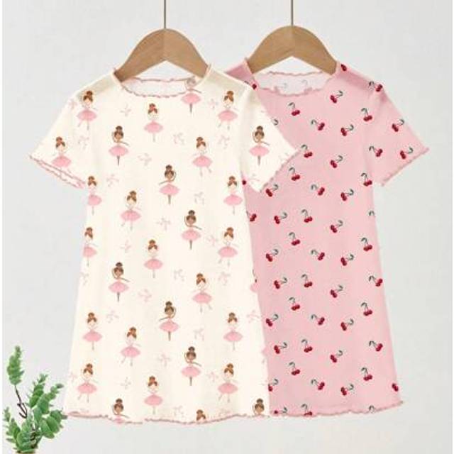 SHEIN 2pcs/Set Baby Girls Casual Ballerina Girl & Mini Cherry Print Short Sleeve Mid-Length Dress And Loungewear Suitable For Summer
