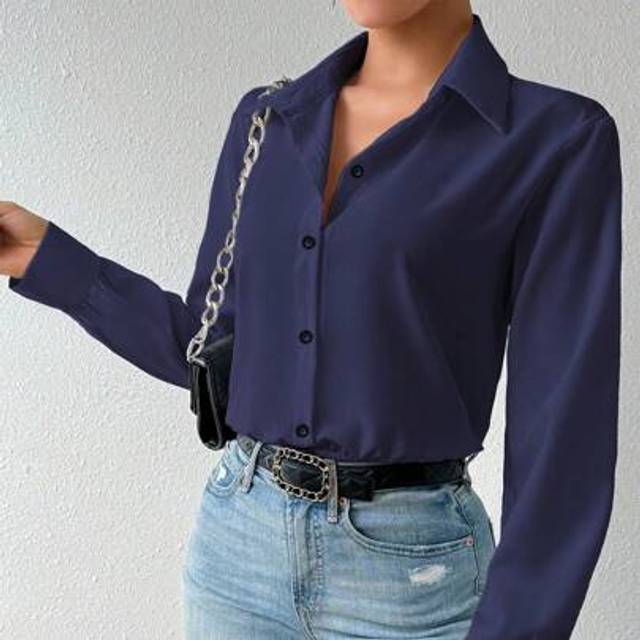RosyDaze Solid Button Front Shirt Bodysuit For Spring & Summer Navy Blue Blouseroyal Blue Blouselong Sleeve Blousewomen Blouses Long Sleevebutton Down Blouse