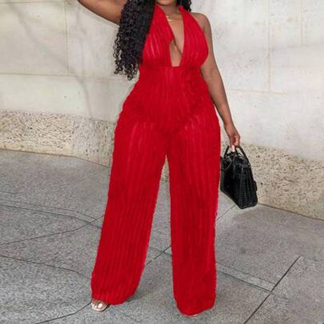 Slaydiva Plus Size Sexy And Elegant Halterneck Strapless Backless Straight Trousers Cow Louver Fabric Plus Jumpsuit