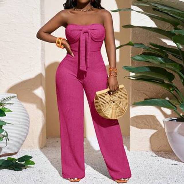Slaydiva New Spring And Summer Casual Vacation Sexy And Elegant Tube Top Bowknot Straight Wide Leg Super Long Pants Orange Ribbed Knitted Women&#39;s Jumpsuit
