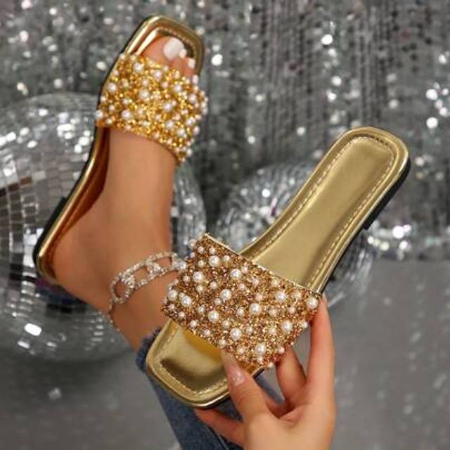 SHEIN Fashionable Luxury Women Flat Slide Sandals With Pearl And Rhinestone Decoration, Square Toe Slip-On Flat Shoes, Comfortable Footwear In Multiple Colo