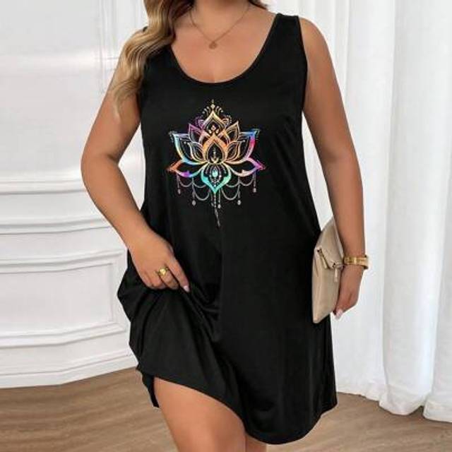 SHEIN Plus Size Casual Simple Henna Lotus Tattoo Design Sleeveless Dress, Suitable For Summer