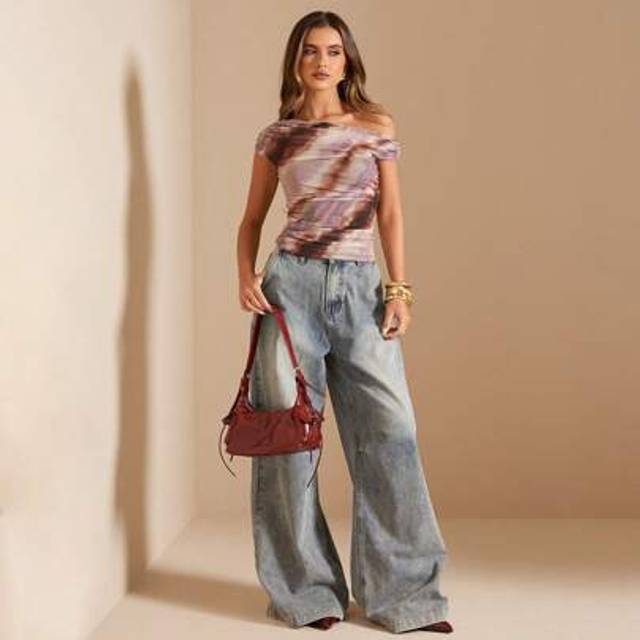 SHEIN Women&#39;s Casual Vacation Wear, Asymmetrical Asymmetric Shoulder Off-Shoulder Tie-Dye Slim Fit Blouse, Spring Elegant Matching Item, Suitable For Girlfr