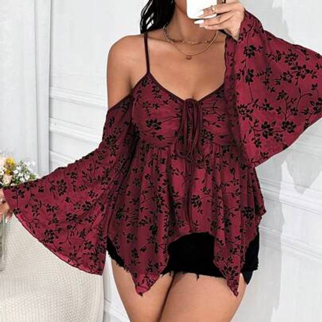 Calvaya Vintage Sweetheart Neck Bowknot Front Bell Sleeve Printed Blouse, Casual Plus Size