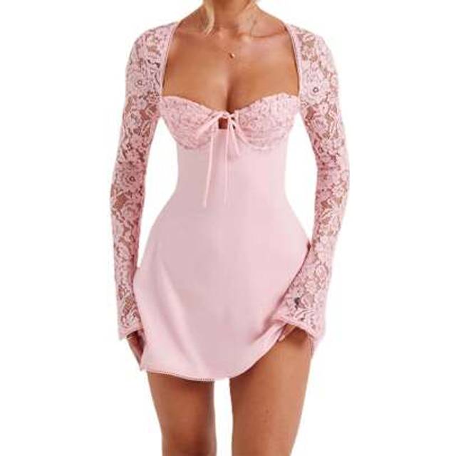 SHEIN Women &#39;s Elegant Bodycon Dress Lace Patchwork Long Sleeve Low Cut Mini Dress Backless Tie-Up Going Out Dress