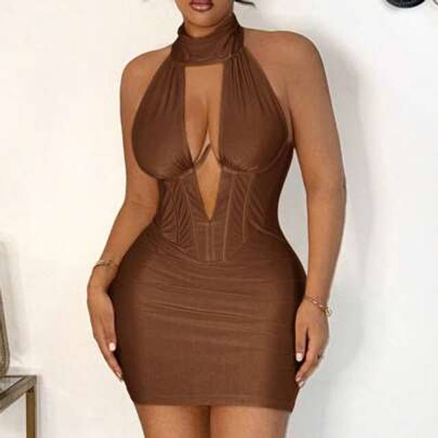 SHEIN Elegant Sexy Satin Halter Sleeveless Champagne Color Midi Dress, Suitable For Date