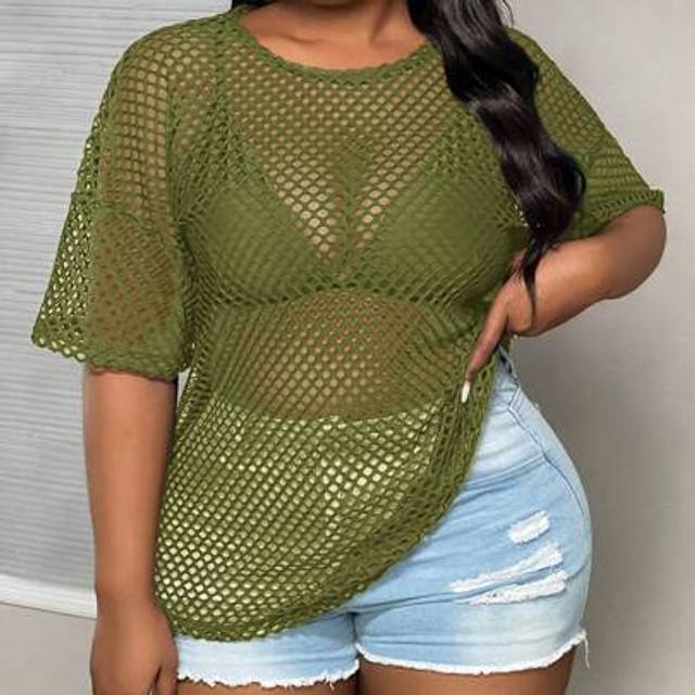 Slaydiva Plus Size Spring & Autumn Casual Street Style Black Sheer Loose 3/4 Sleeve Round Neck Regular T-Shirt