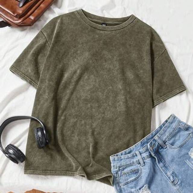 Comfortcana Plus Size Acid Washed Look Vintage Knitted Distressed Loose Fit Short Sleeve T-Shirt