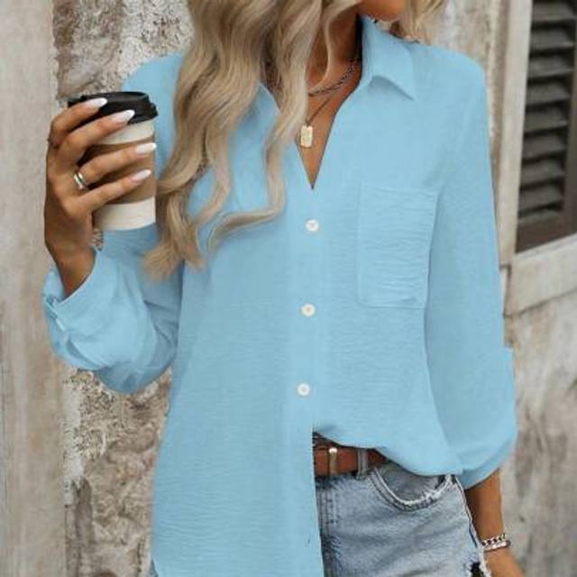 SHEIN Casual Solid Color Pocket Button-Up Long Sleeve Minimalist Shirt