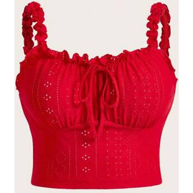 SHEIN Plus Size Romantic Red Sheer Ruffle Trim Cami Top, Fashion Versatile Valentine&#39;s Day