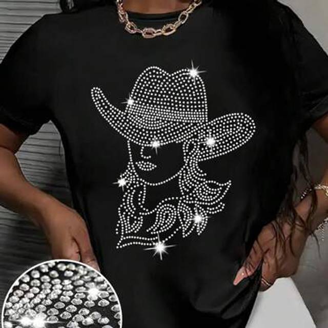 SHEIN Women&#39;s Rhinestone Glitter Embellished Cowgirl Round Neck Short Sleeve T-Shirt, Holiday/Party Gift Top, Suitable For All Seasons