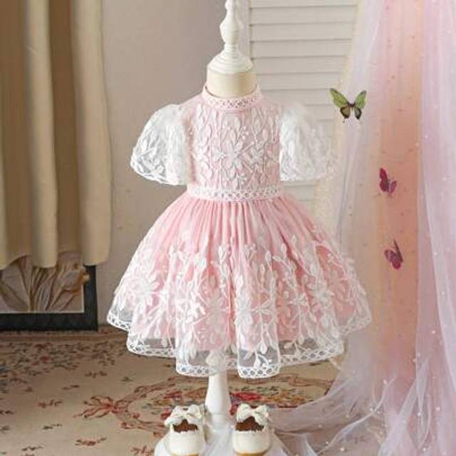 SHEIN Baby Girl Elegant A-Line Lace Patchwork Puff Sleeve Dress,Holiday,Summer, Travel