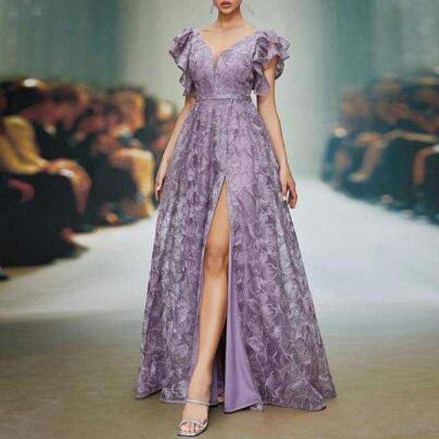 SHEIN V-Neck Embroidered Lace Ruffle Hem Short Sleeve Front Slit Formal Evening Dress, Elegant Bridesmaid Dress