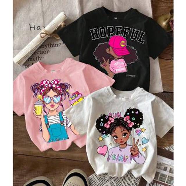 SHEIN Young Girl Multi-Pack Casual Cute Cartoon Graphic White, Black, Pink Short Sleeve T-Shirts, Suitable For Summer