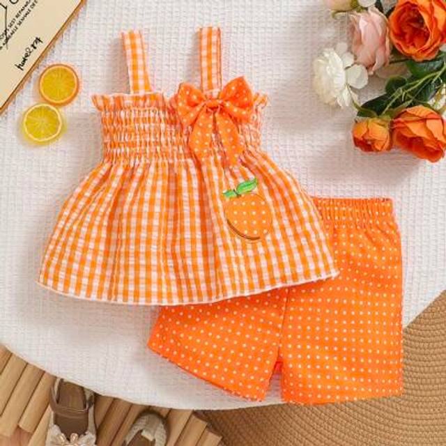 SHEIN Baby Girl 2pcs Spring Set: Cable Knit Strawberry Embroidery Bow Grid Suspender Top + Red Polka Dot Shorts