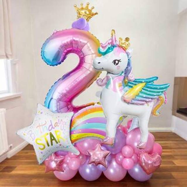 SHEIN 54pcs/Set Unicorn 2nd Birthday Balloon, Including Self-Standing Unicorn Balloon, Rainbow Number 0-9 Balloon, Happy Birthday Foil Balloon, Suitable For