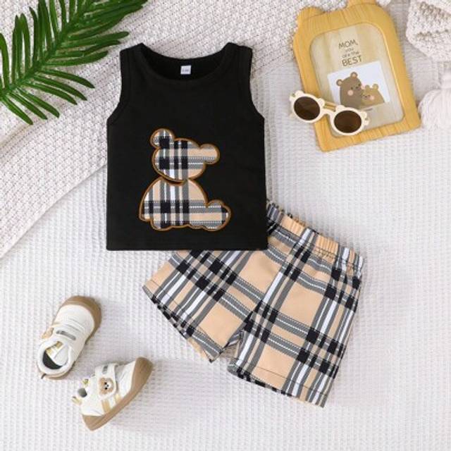 SHEIN 2pcs/Set Baby Boy Cute Bear Embroidered Vest And Loose Casual Shorts Set, Summer Short Sleeve