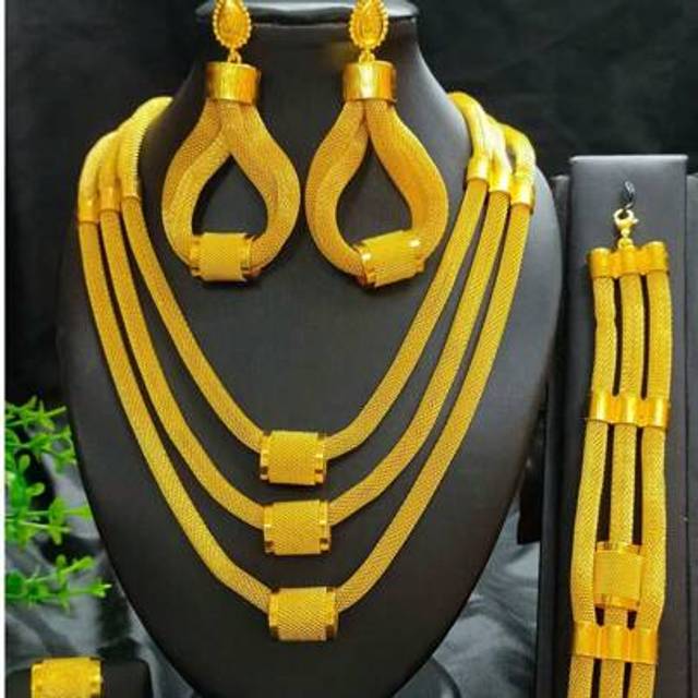 SHEIN 4pcs Gold Plated Tassel Necklace And Earring Set, African/Dubai Style Jewelry Set, Bridal/Party/Wedding/Anniversary/Mother&#39;s Day/Valentine&#39;s Day Gift,