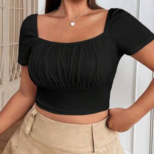 SHEIN Plus Ruched Bust Square Neck Crop Tee
