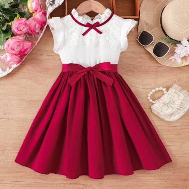 SHEIN Young Girls&#39; Formal Lace Patchwork Cap Sleeve Bowknot Waist Midi Dress, Sweet Commuting Style, Summer New Arrival