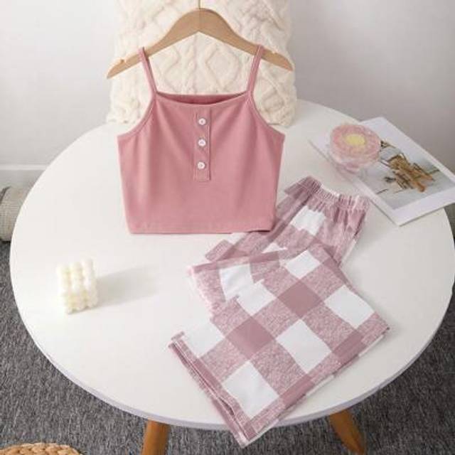 SHEIN The Two Pieces Pajamas For Summer Girls Are Both Cool And Fashionable, Cute. The Minimalist Style Short Sleeved Top Features Pink Spaghetti Straps, Wh