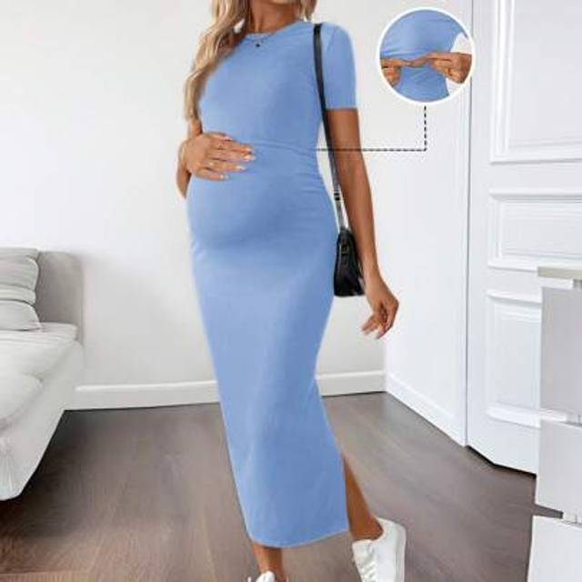 SHEIN Pregnant/Nursing Women Solid Color Short Sleeve Split Hem Casual Dress, Summer