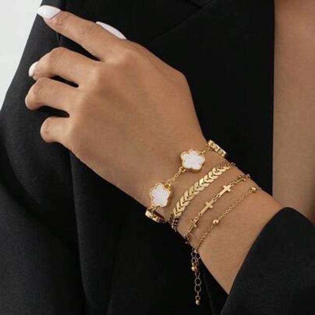 SHEIN 4pcs Set Women Gold Bracelet With Lucky Clover, Airplane, Beads, And Cross Charms