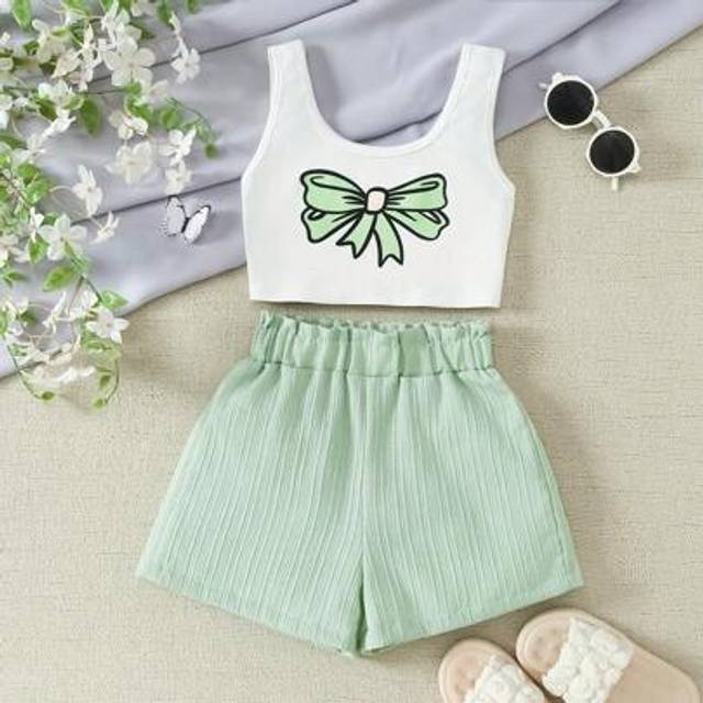 SHEIN Girls Green Cute Bow Sleeveless Top And Shorts Set, Lightweight For Summer, Girls Casual Solid Color Polyester Shorts With Bow Detail, Regular Fit Fab
