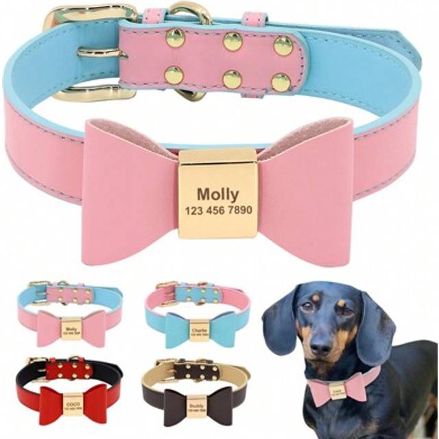 SHEIN Customized PU Leather Dog Collar With Name Engraving, Cute Bowtie Design, Adjustable Pet Neck Strap For Small/Medium Dogs And Cats, Anti-Lost, Availab