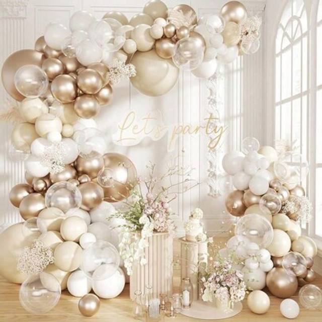 SHEIN Sand White Champagne Gold Balloon Garland Arch Kit, 147 White Nude Clear Latex Balloons For Birthday Wedding Bridal Shower Engagement Anniversary Deco