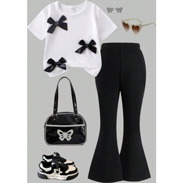 SHEIN 2 Pcs/Set Young Girl Casual White Short Sleeve Bow T-Shirt With Black Flare Leg Pants, Cute & Lively Summer Outfit