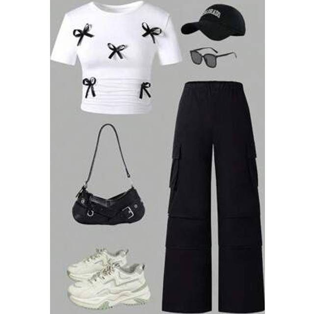 SHEIN 2pcs/Set Tween Girl White Tight Fit T-Shirt With 3D Bow Decor & Cargo Pants With Pleated Pockets