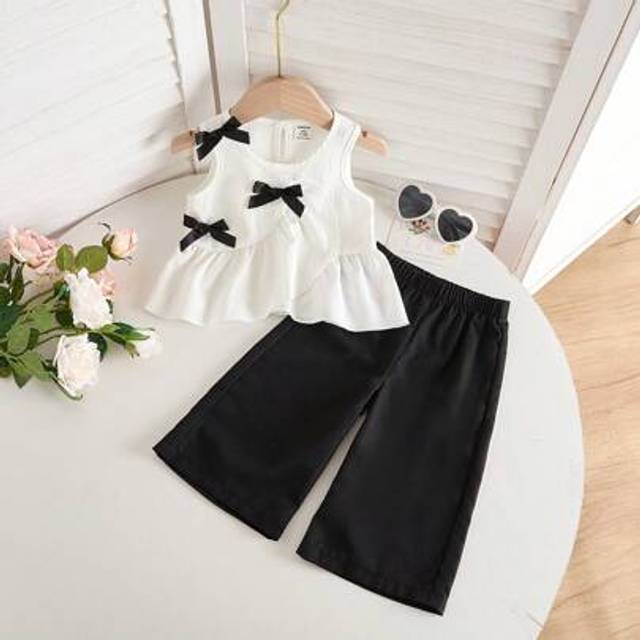 SHEIN 2pcs/Set Baby/Baby Girl Casual Sleeveless Bowknot Top + Pants Outfit, Summer Matching Sibling Outfits (Note: 2 Sets Are Sold Separately)