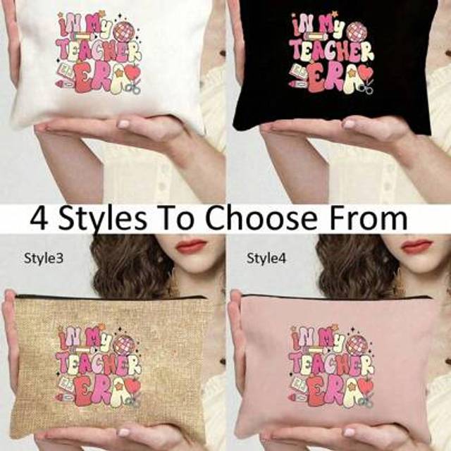 SHEIN 1Pc In My Teacher Era Cute Letter Print Cosmetic Bag, Makeup Bag, Storage Bag, Christmas Makeup Storage Bag, Toiletry Bag, Clutch Bag, Lightweight Fol