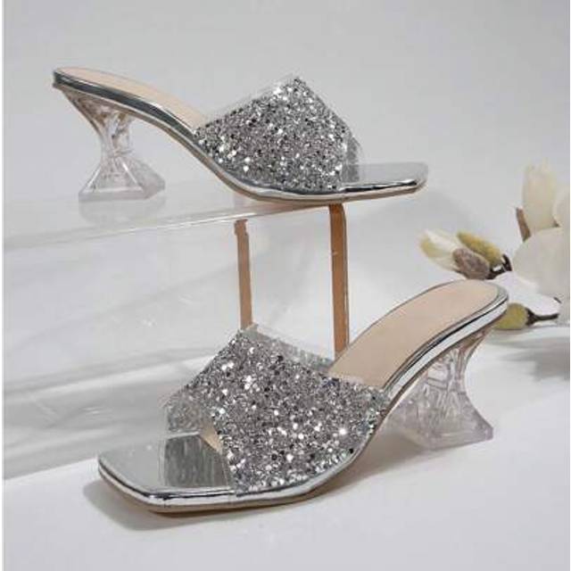 SHEIN Wide Fit Women&#39;s Summer New Transparent High Heel Slippers, Fashionable Asymmetric Heel Crystal Heel Sandals, Wide Fit Sandals, Wide Fit High Heels, W